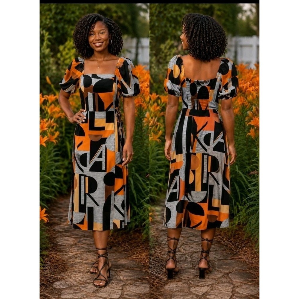 NewKARL LAGERFELD PARIS 4 Geometric Print Puff Sleeve Maxi Faux Wrap Dress